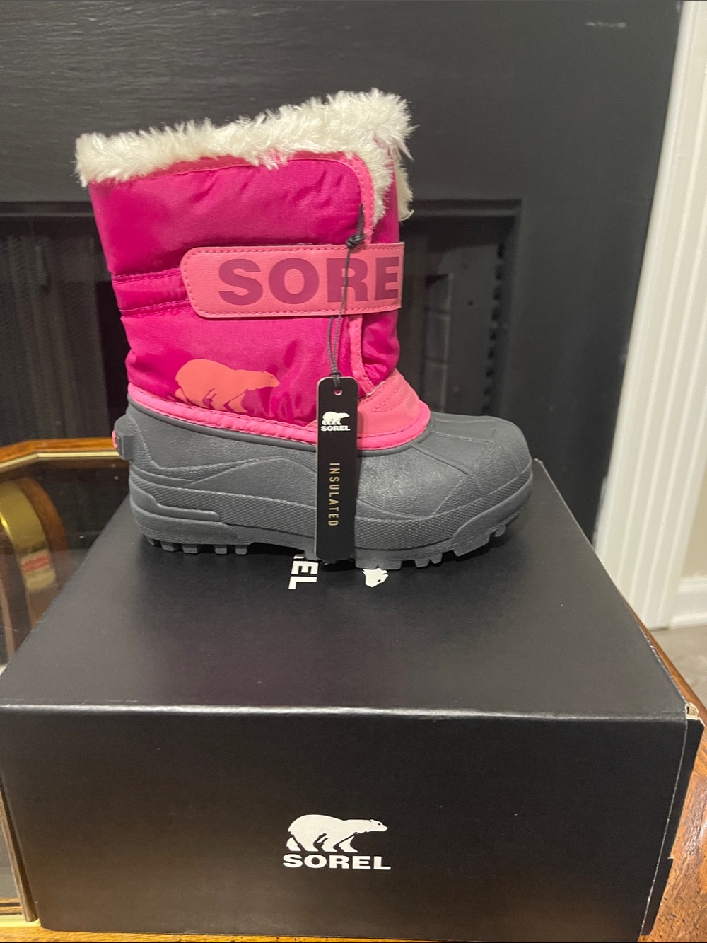 Sorel Pink and Gray Kids' Insulated Snow Boot with Faux Fur Cuff